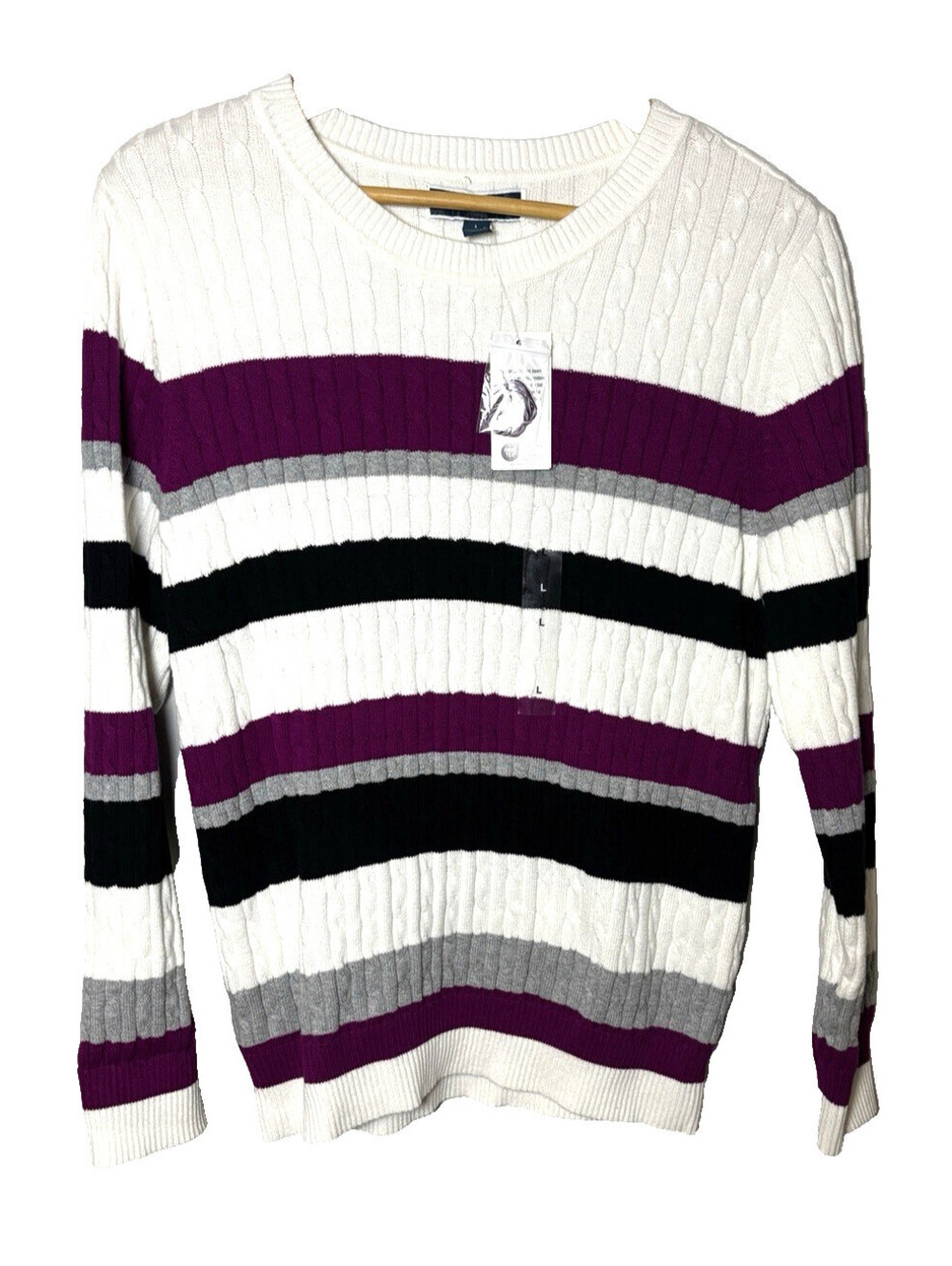 Karen Scott Women's  Windy Striped Cable Knit Sweater  Large Autumn Berry NWT